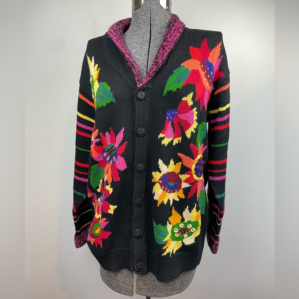 Storybook Knits Vintage floral striped Embroidered Cardigan Sweater Size 1X